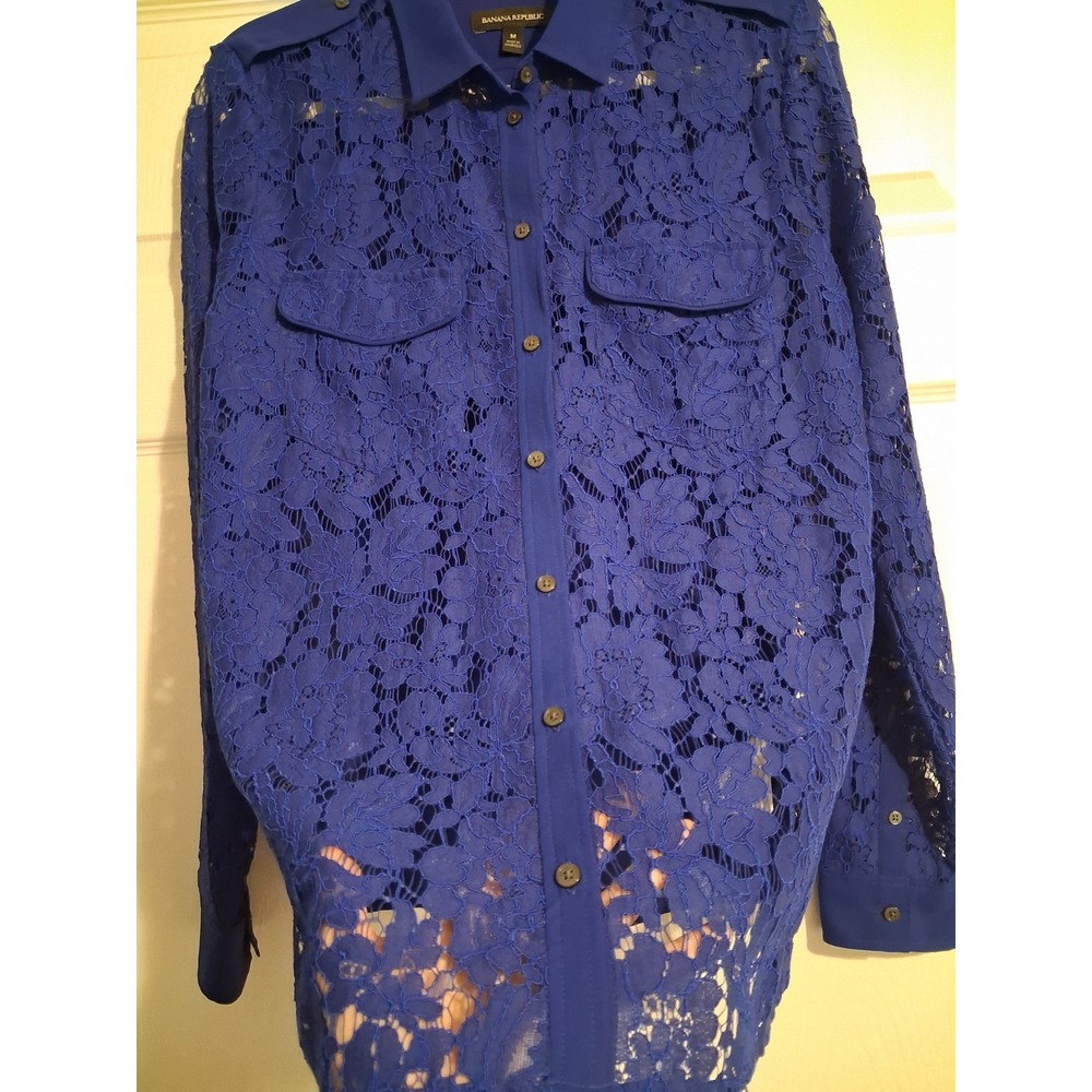 Banana Republic M Cobalt Blue Floral Lace Button Down Blouse Military Sheer - Picture 4 of 12